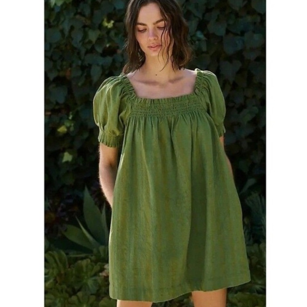 Free People Cotton Blend Mila Square Neck A-line Mini Dress Green Medium